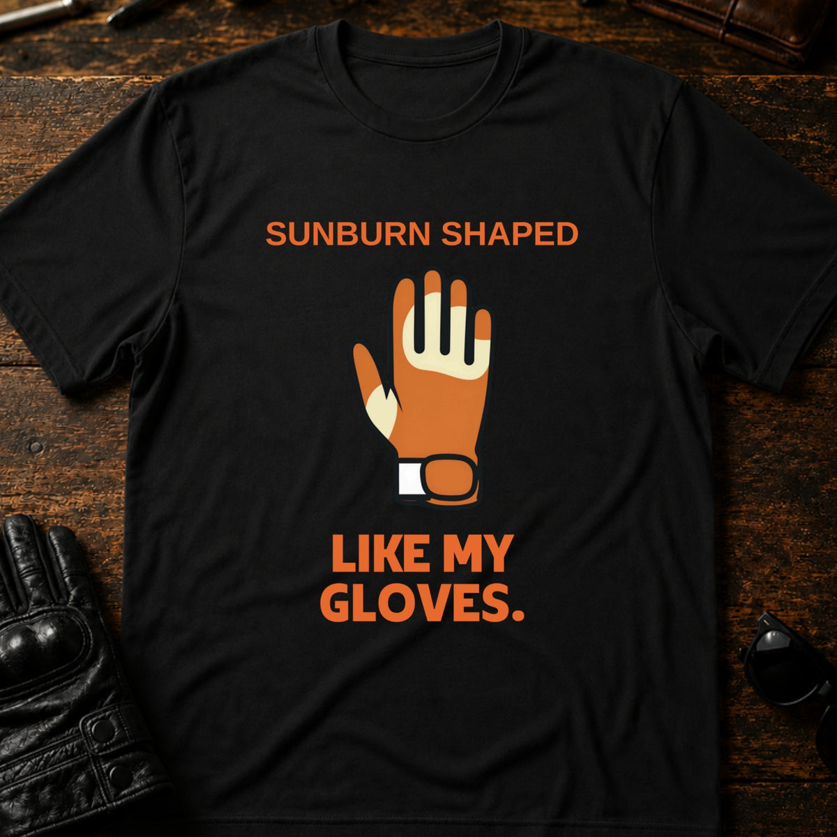 Sunburn Shaped Like My Gloves Funny Biker T-Shirt, black