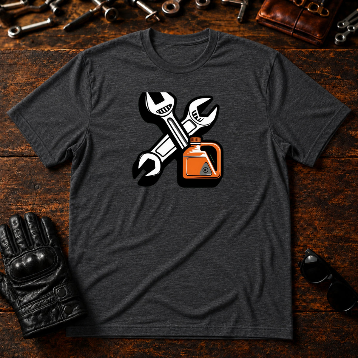 Wrench and Oil Emblem T-Shirt - mockup 8 dark heather