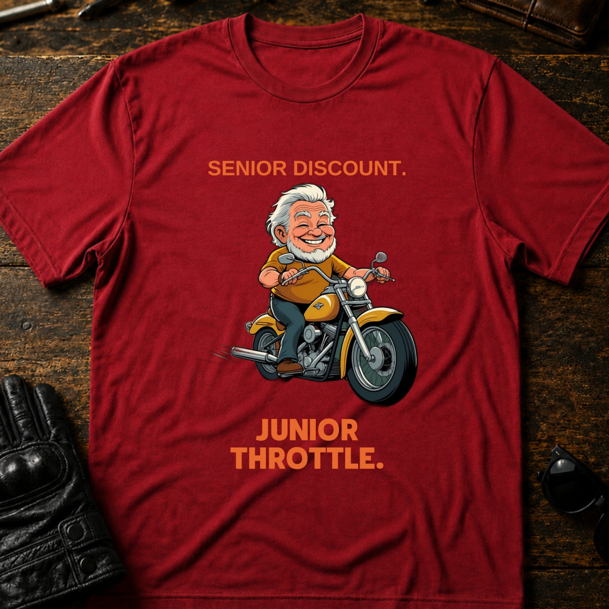 Senior Discount Junior Throttle Hand Biker T-Shirt, cardinal red