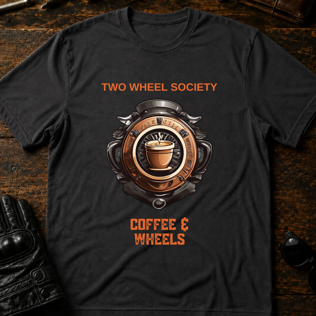 Coffee and Wheels Emblem T-Shirt - mockup 3 charcoal