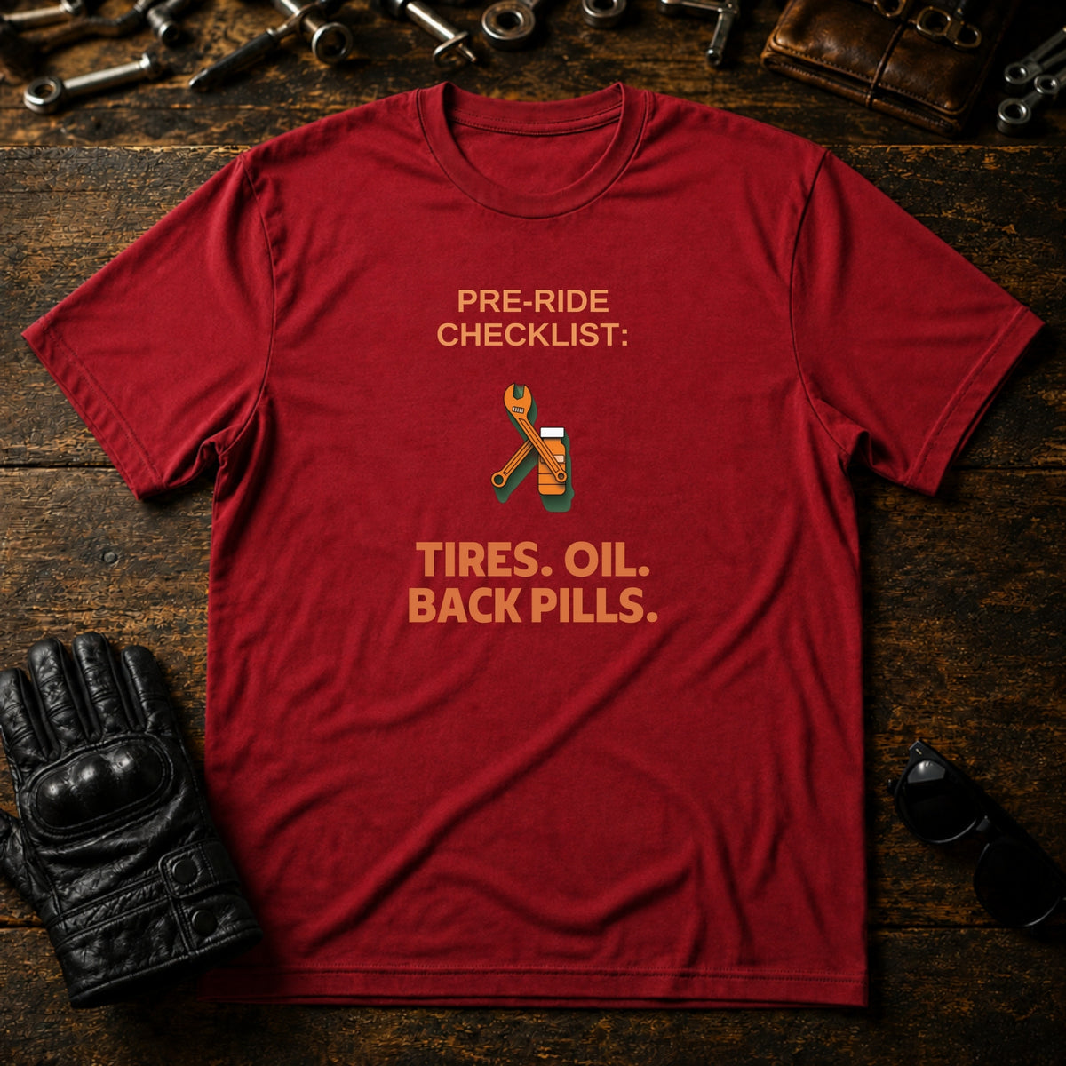 Pre-Ride Checklist Back Pills T-Shirt - mockup 7 cardinal red