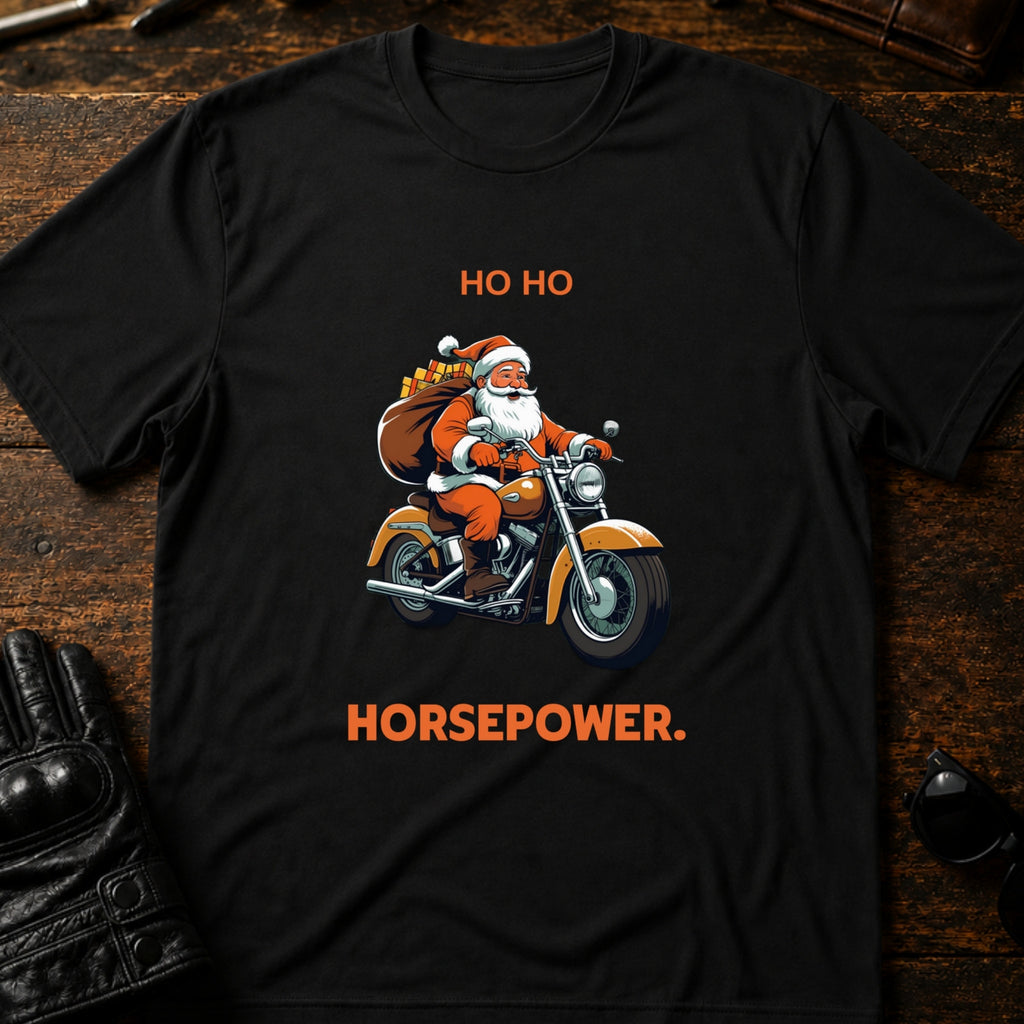 Ho Ho Horsepower Santa Motorcycle Christmas T-Shirt - mockup 1 black