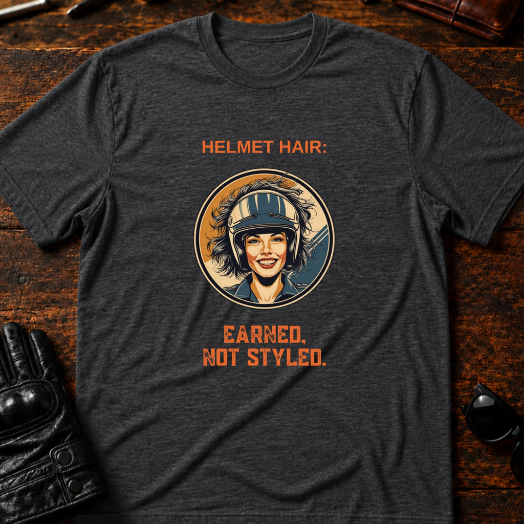 Helmet Hair Earned Not Styled T-Shirt - mockup 8 dark heather
