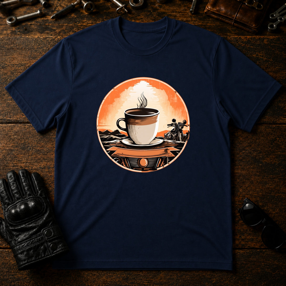 Sunrise Coffee Ride T-Shirt - mockup 5 navy