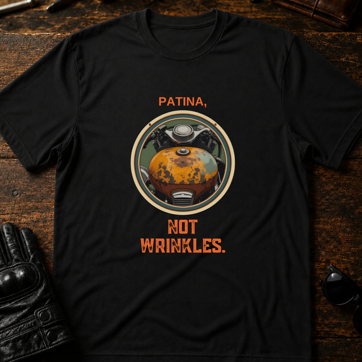 Patina Not Wrinkles Vintage Motorcycle T-Shirt, black