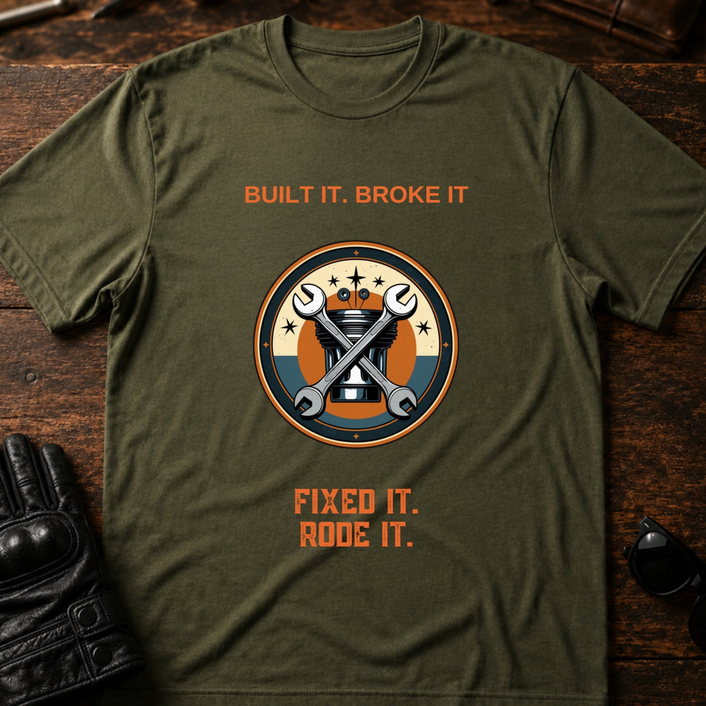 Built It Broke It Fixed It Rode It T-Shirt - mockup 2 military green