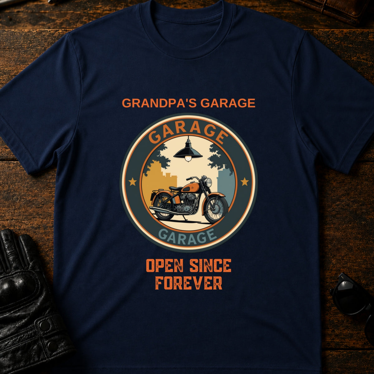 Grandpas Garage Open Since Forever Biker T-Shirt, navy