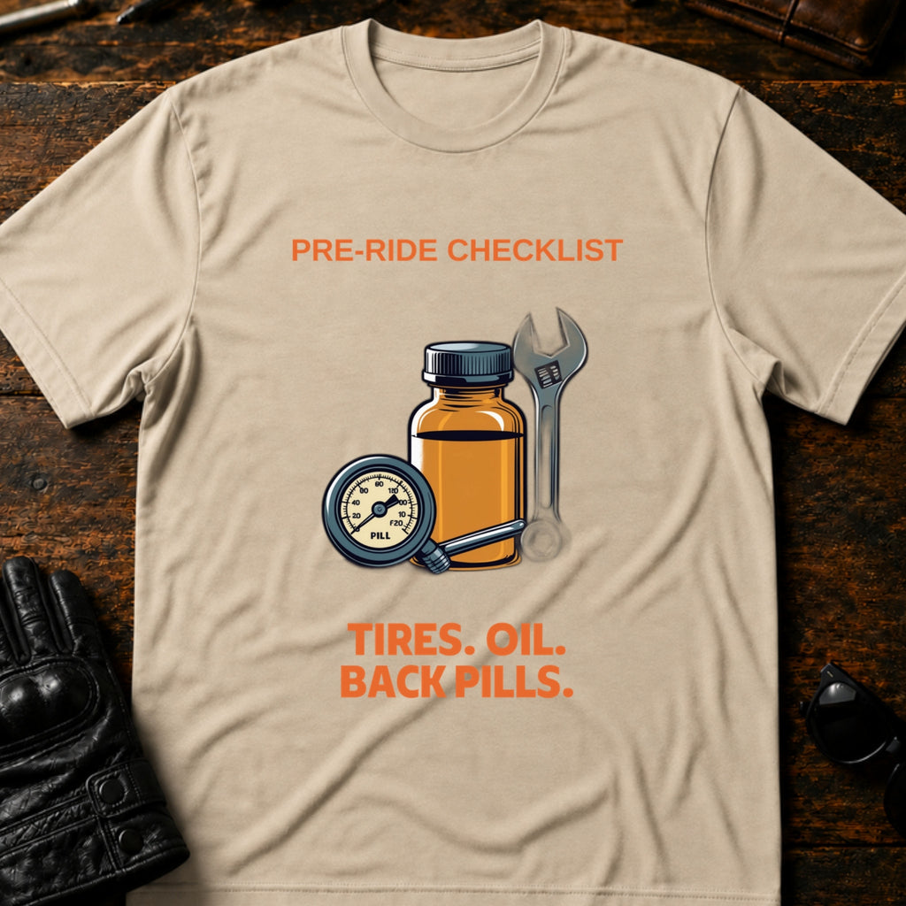 Pre-Ride Checklist Back Pills T-Shirt - mockup 6 sand