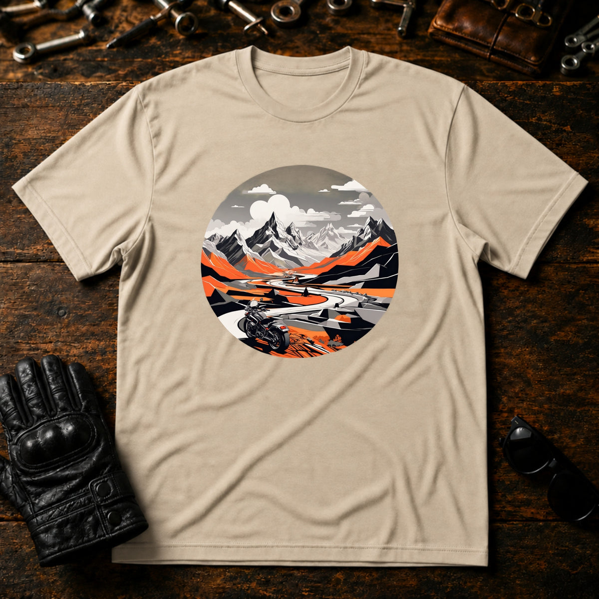 Mountain Pass Ride T-Shirt - mockup 6 sand