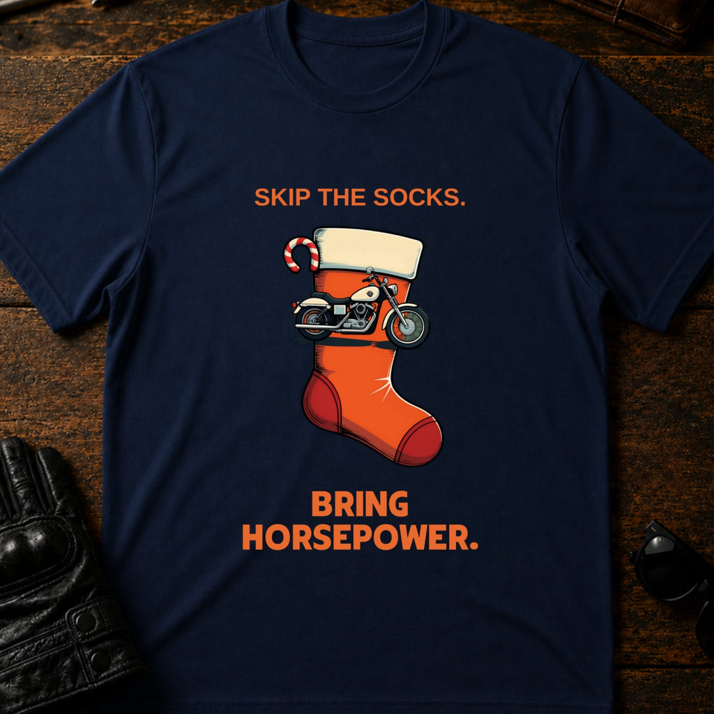 Santa Skip The Socks Bring Horsepower T-Shirt - mockup 5 navy