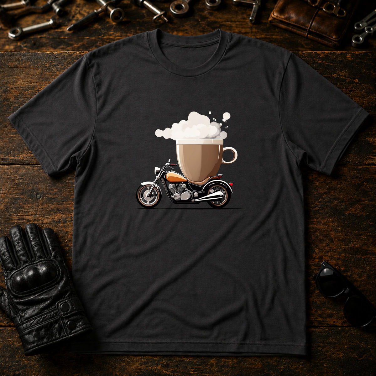 Coffee and Wheels T-Shirt - mockup 3 charcoal