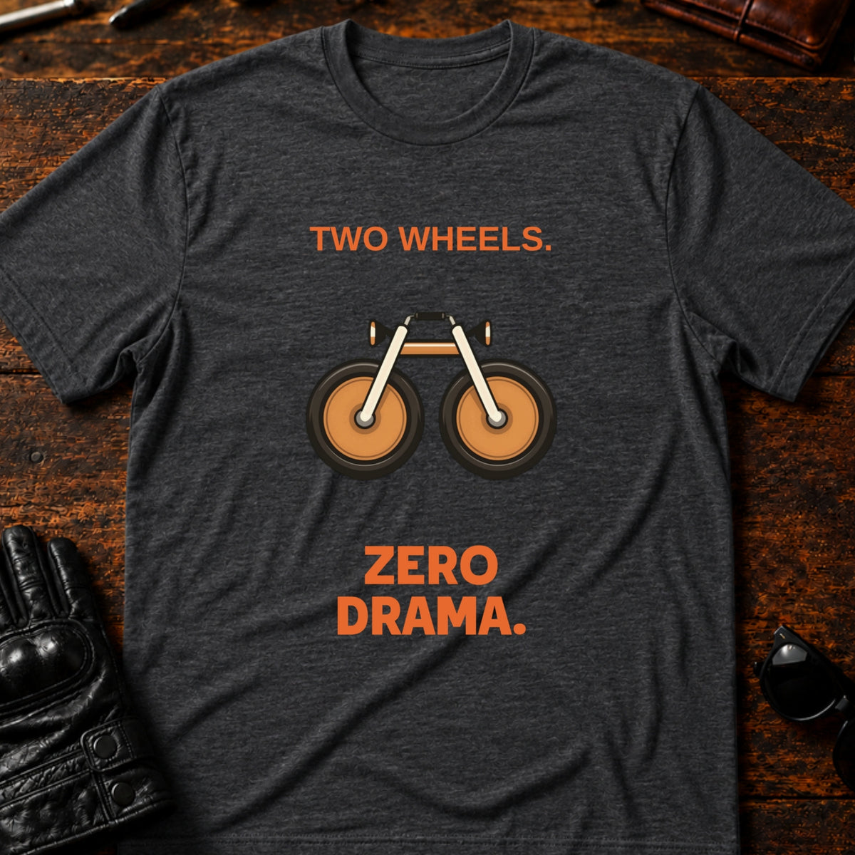 Two Wheels Zero Drama Motorcycle T-Shirt, dark heather