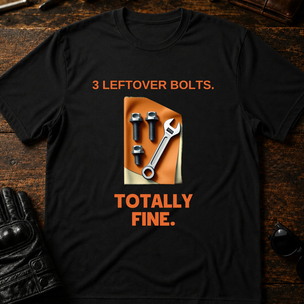 Three Leftover Bolts Totally Fine Mechanic Biker T-Shirt - mockup 1 black