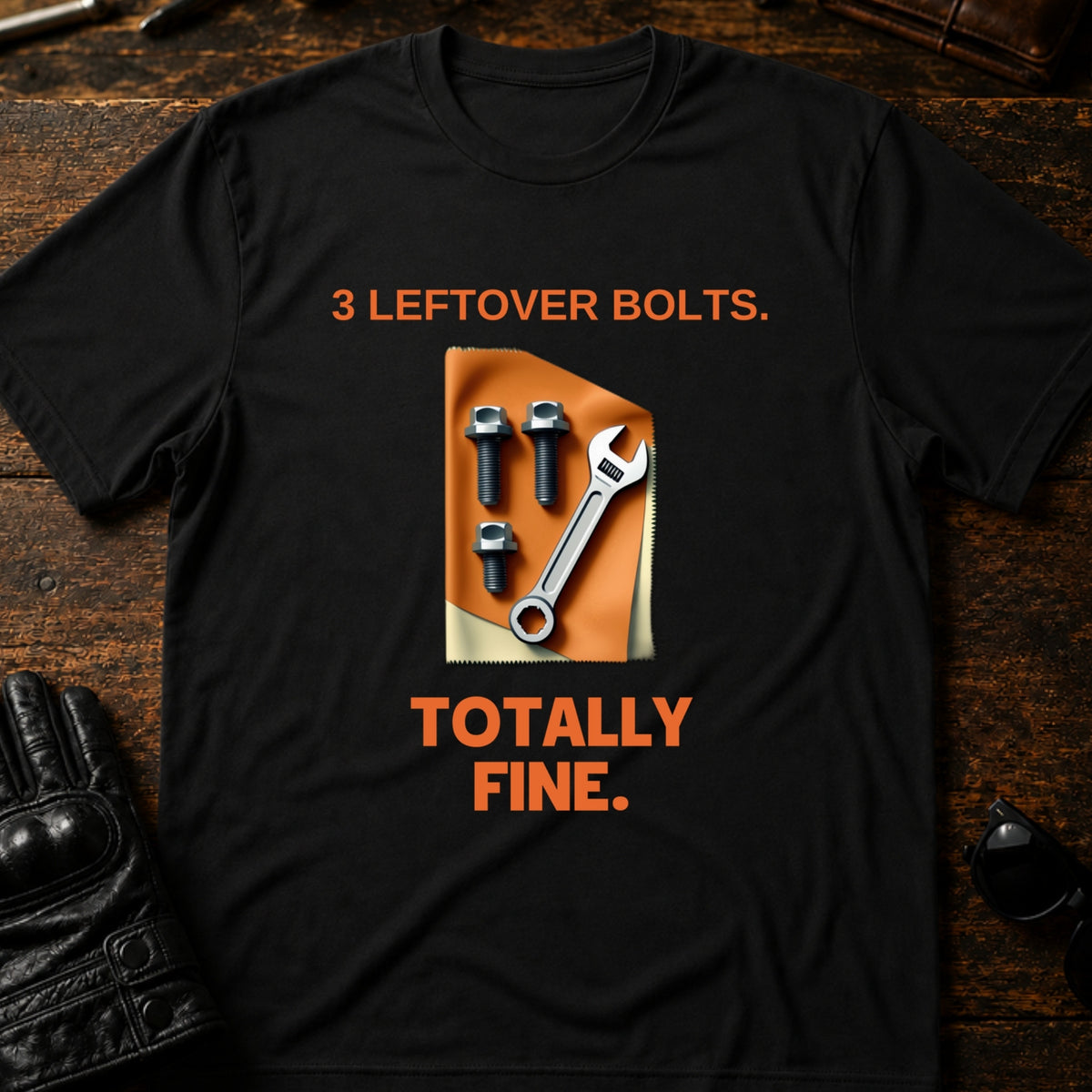 Three Leftover Bolts Totally Fine Mechanic Biker T-Shirt, black