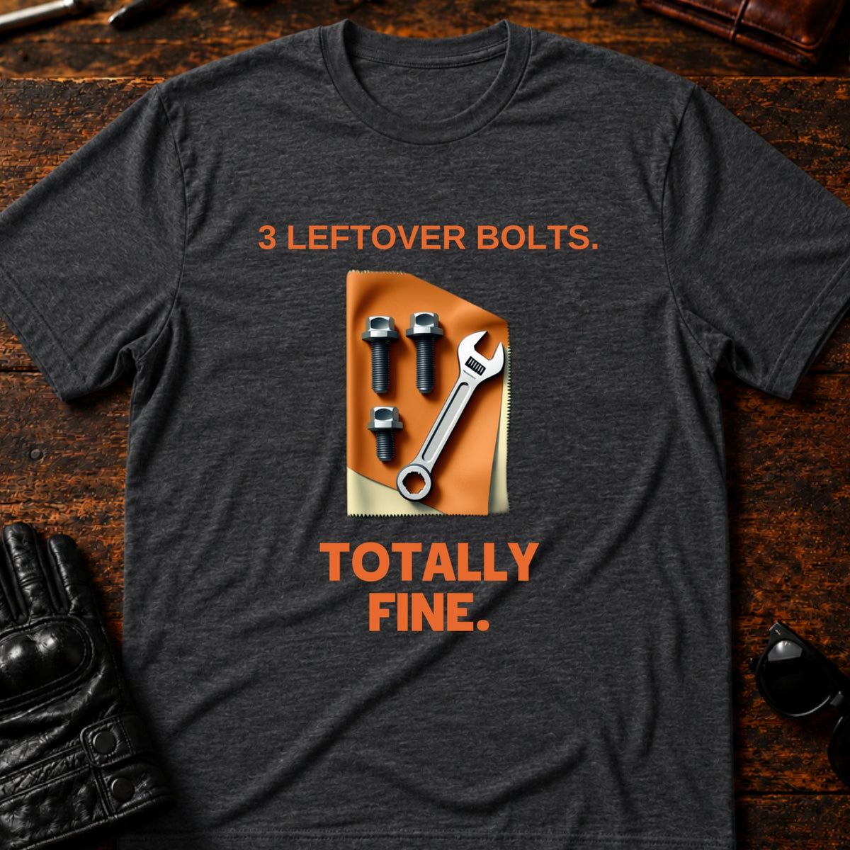 Three Leftover Bolts Totally Fine Mechanic Biker T-Shirt, dark heather