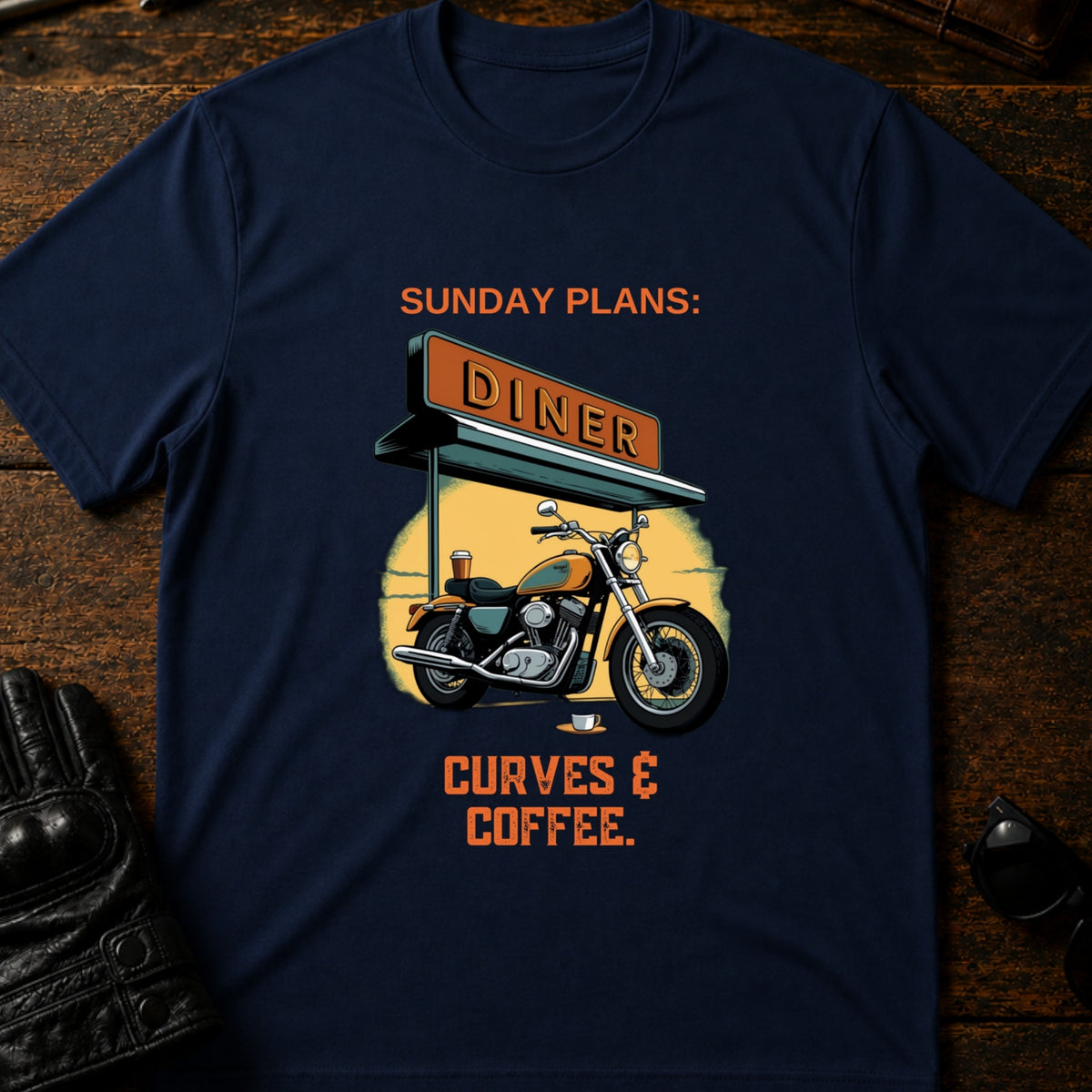 Sunday Plans Curves And Coffee Motorcycle T-Shirt, navy