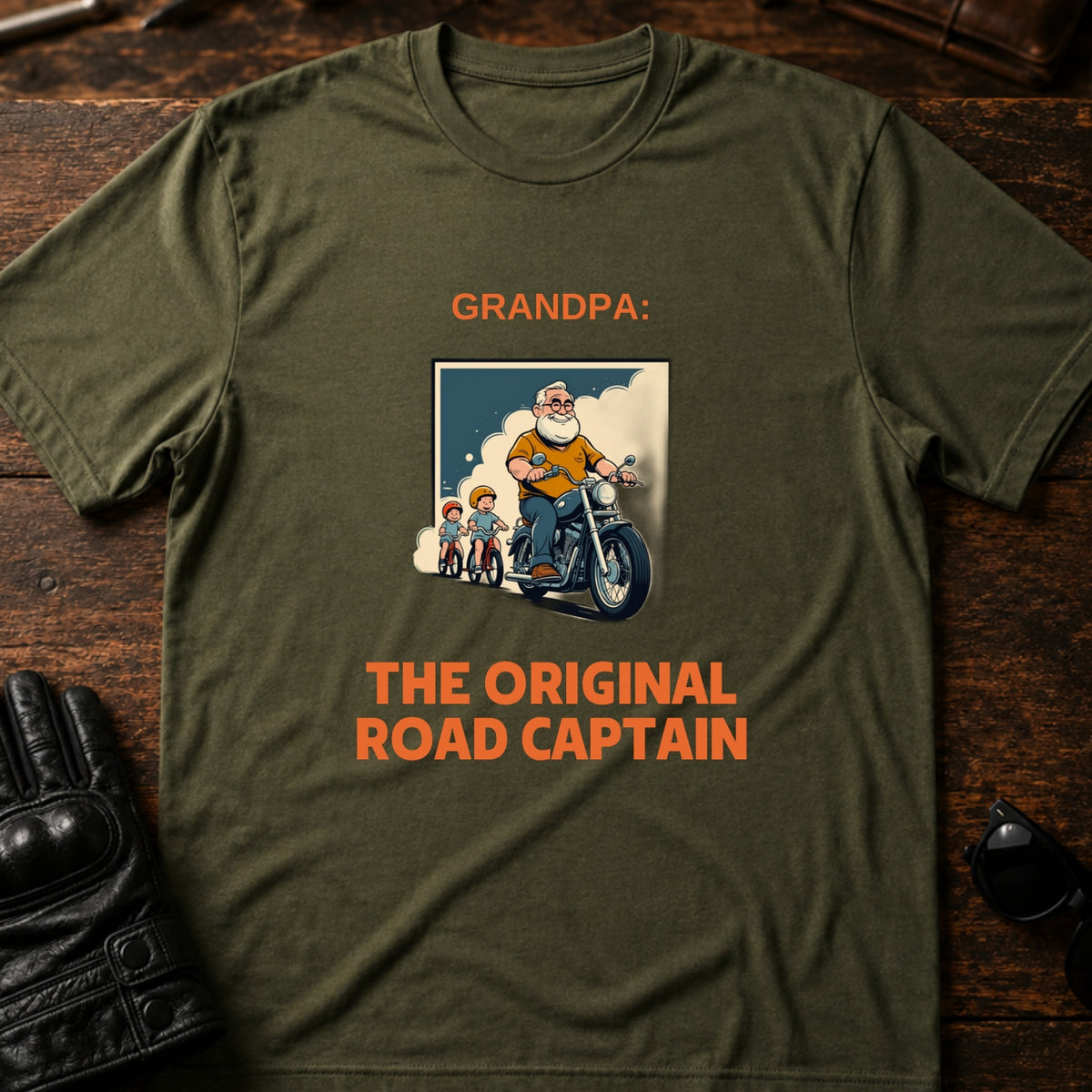 Grandpa The Original Road Captain Motorcycle Gift T-Shirt, military green