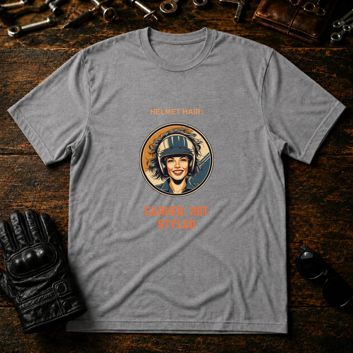 Helmet Hair Earned Not Styled T-Shirt - mockup 4 sport gray