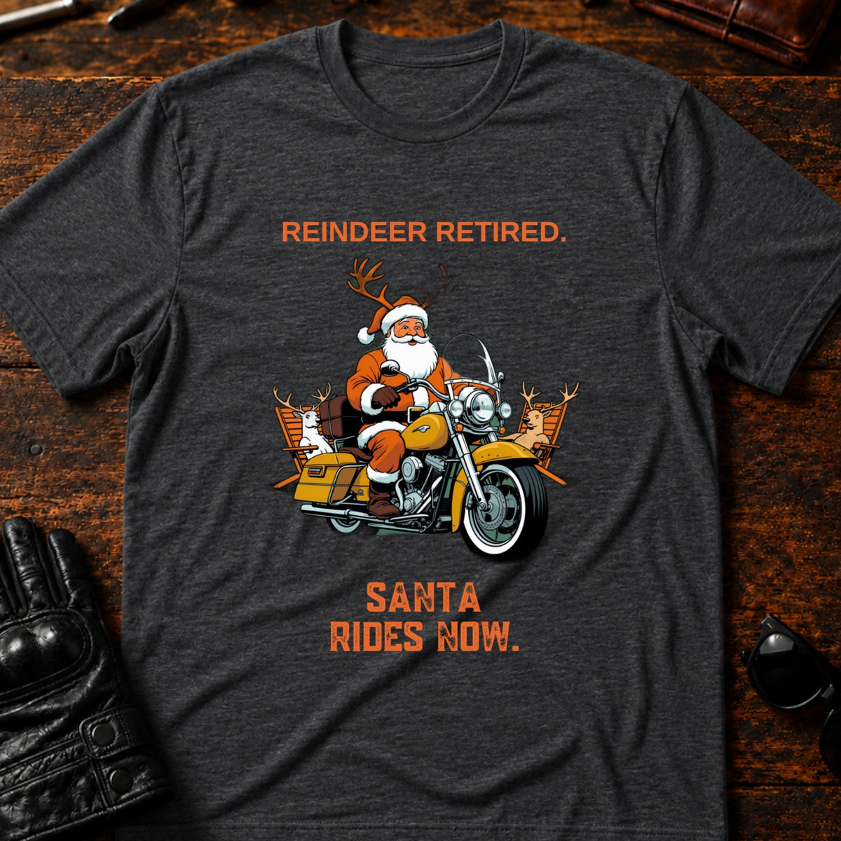 Reindeer Retired Santa Rides Now Motorcycle T-Shirt, dark heather