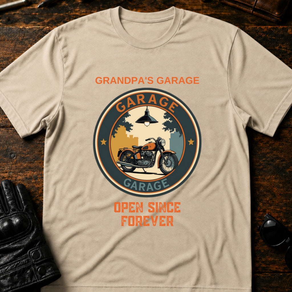 Grandpas Garage Open Since Forever Biker T-Shirt - mockup 6 sand