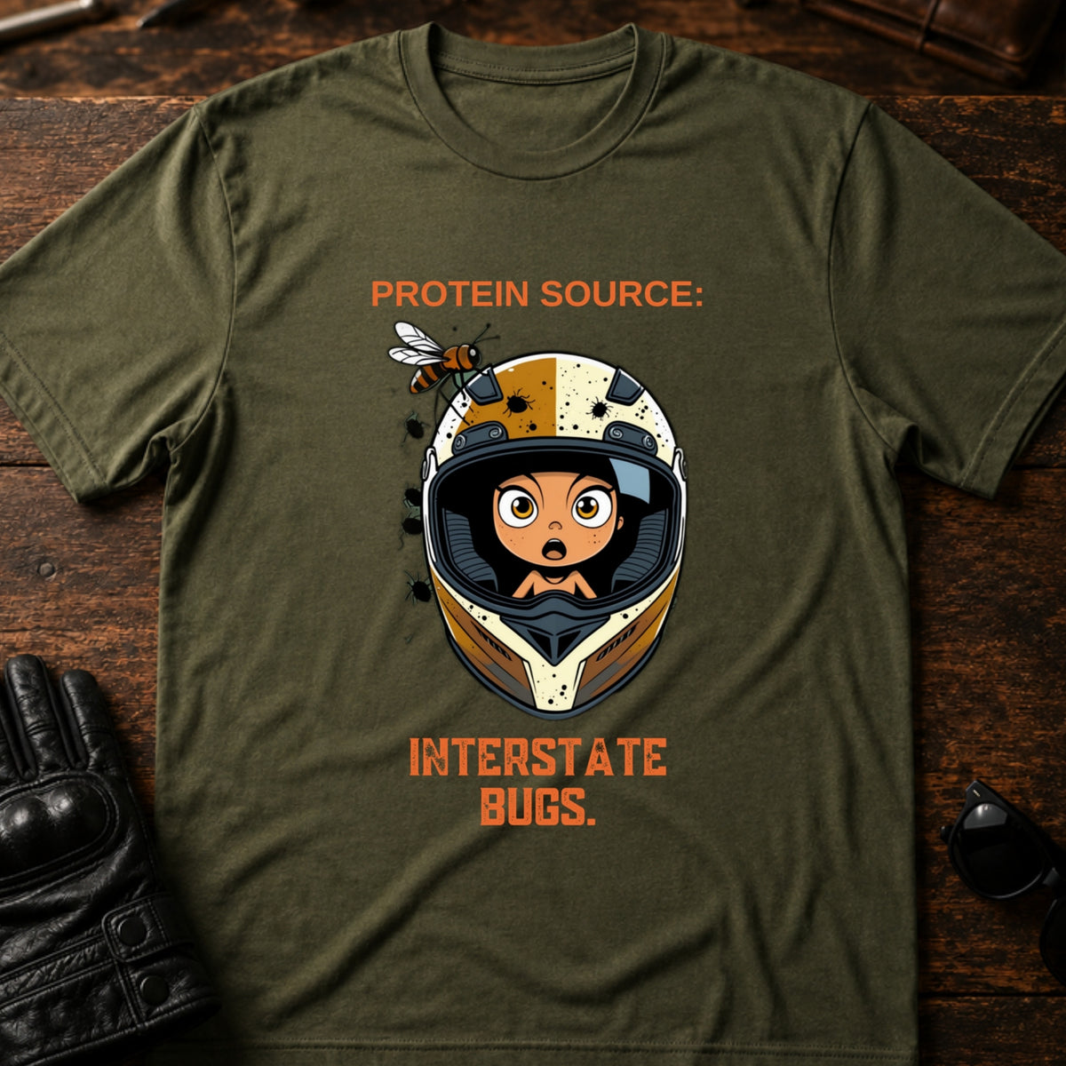 Protein Source Interstate Bugs Funny Biker T-Shirt, military green