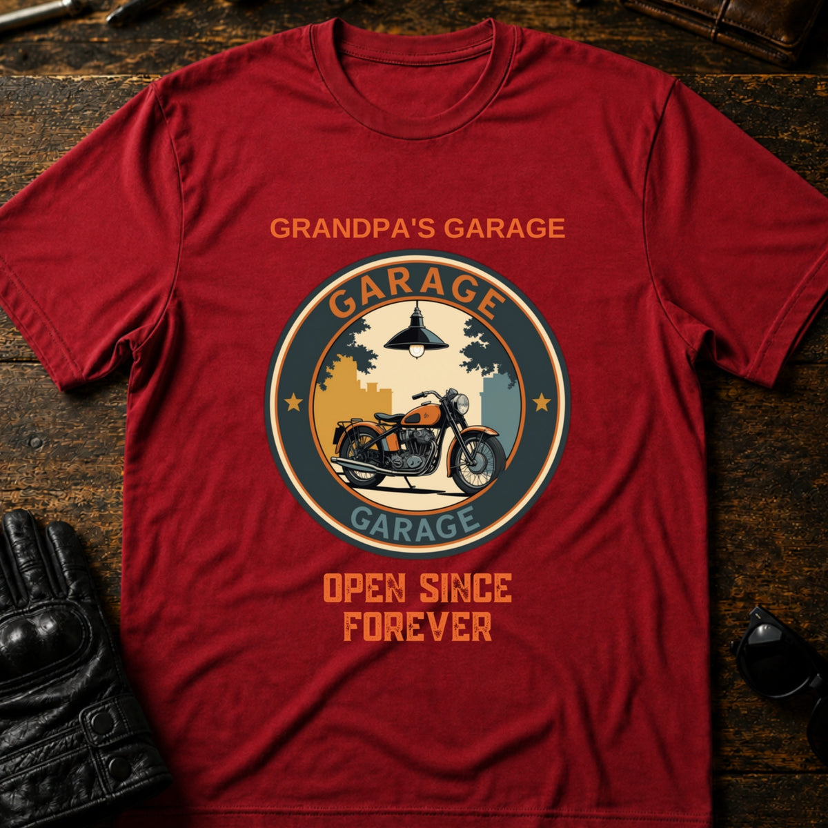 Grandpas Garage Open Since Forever Biker T-Shirt, cardinal red