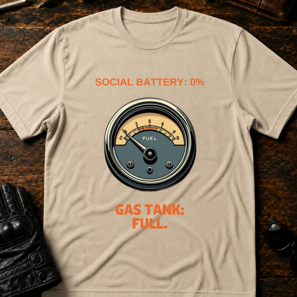 Social Battery Empty Gas Tank Full Introvert Biker T-Shirt, sand