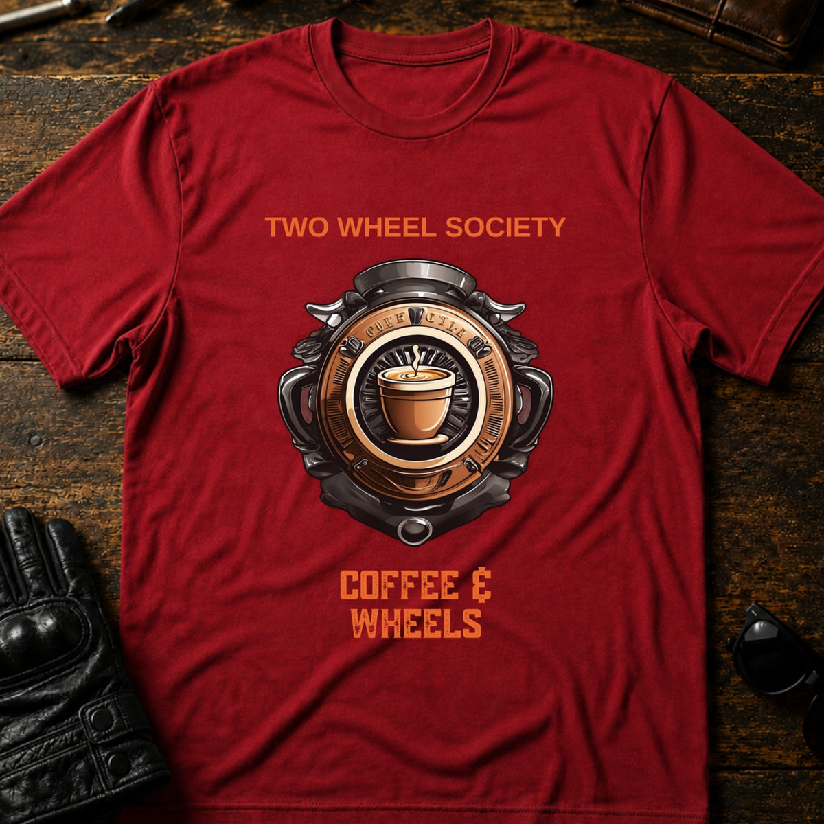 Coffee and Wheels Emblem T-Shirt, cardinal red