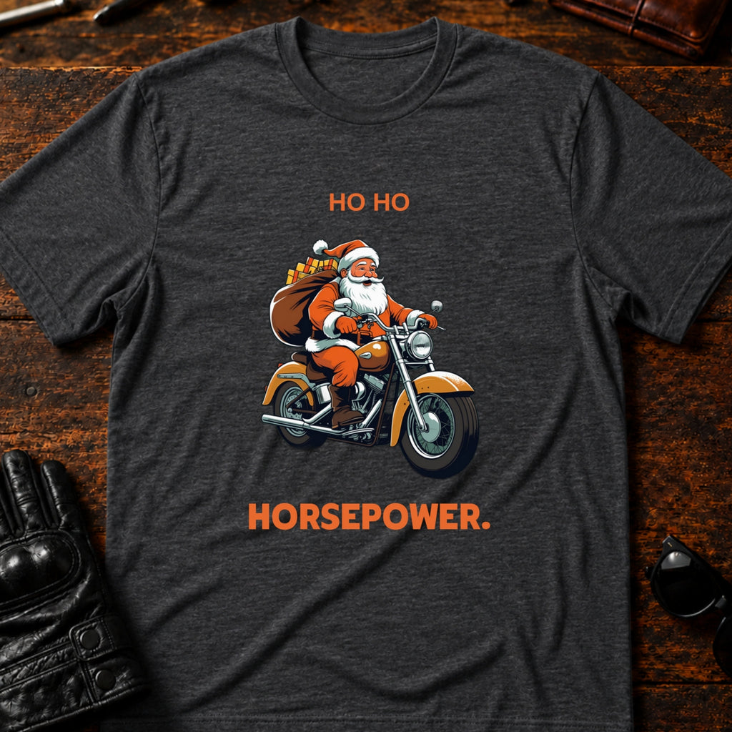 Ho Ho Horsepower Santa Motorcycle Christmas T-Shirt - mockup 8 dark heather