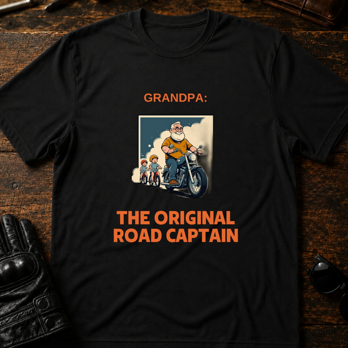 Grandpa The Original Road Captain Motorcycle Gift T-Shirt, black