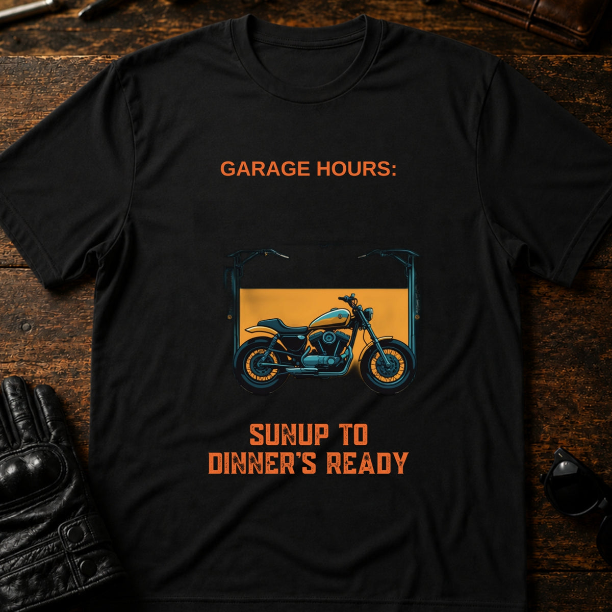 Garage Hours Sunup To Dinners Ready Biker T-Shirt, black