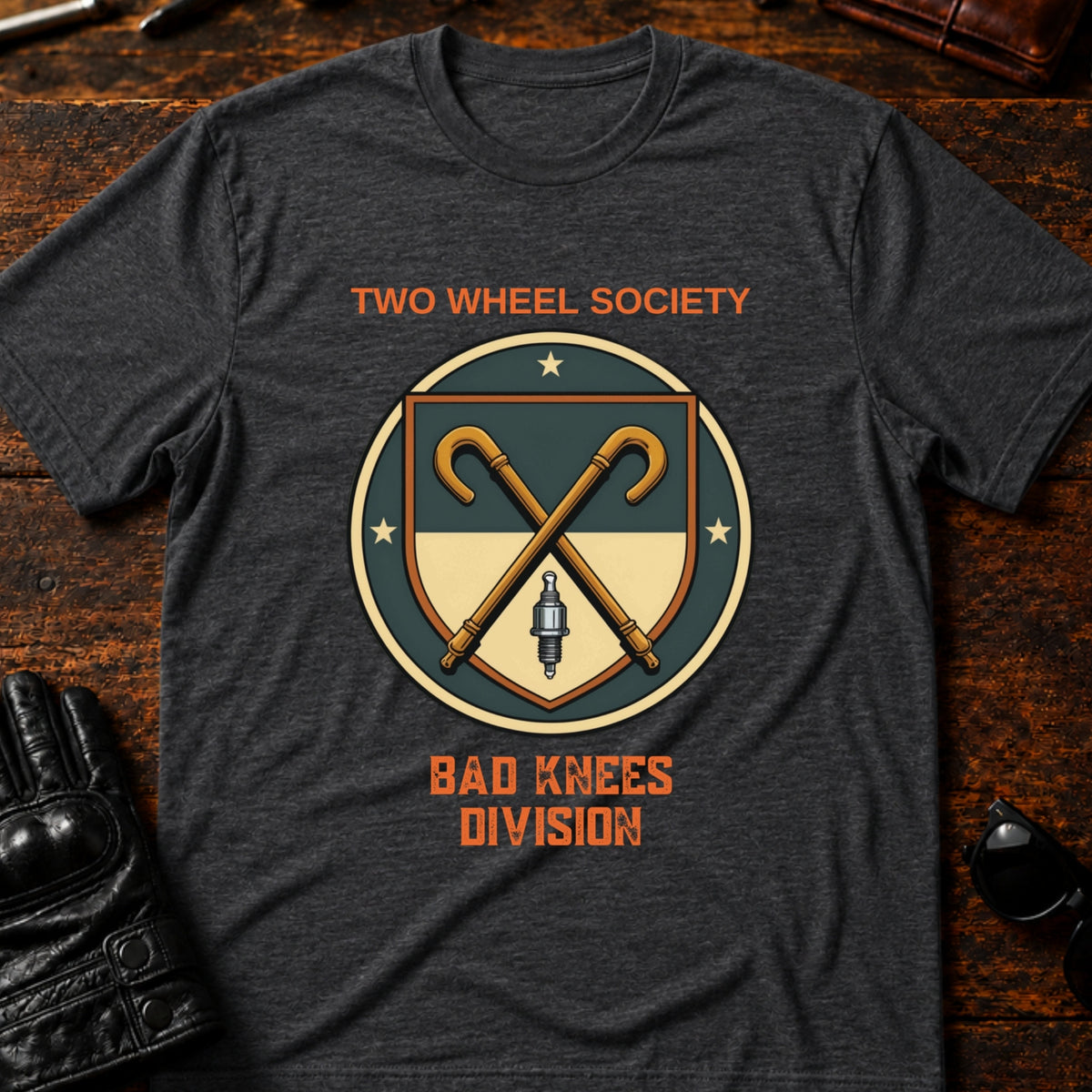 Two Wheel Society Bad Knees Division Biker T-Shirt, dark heather