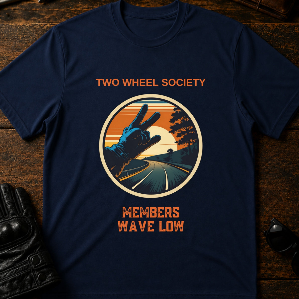 Two Wheel Society Members Wave Low Biker T-Shirt, navy