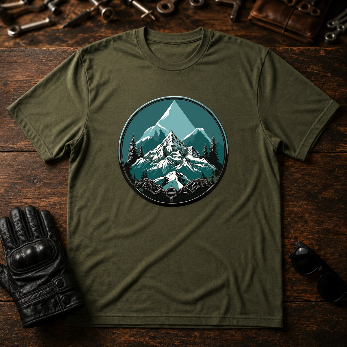 Mountain Pass Climb T-Shirt - mockup 2 military green