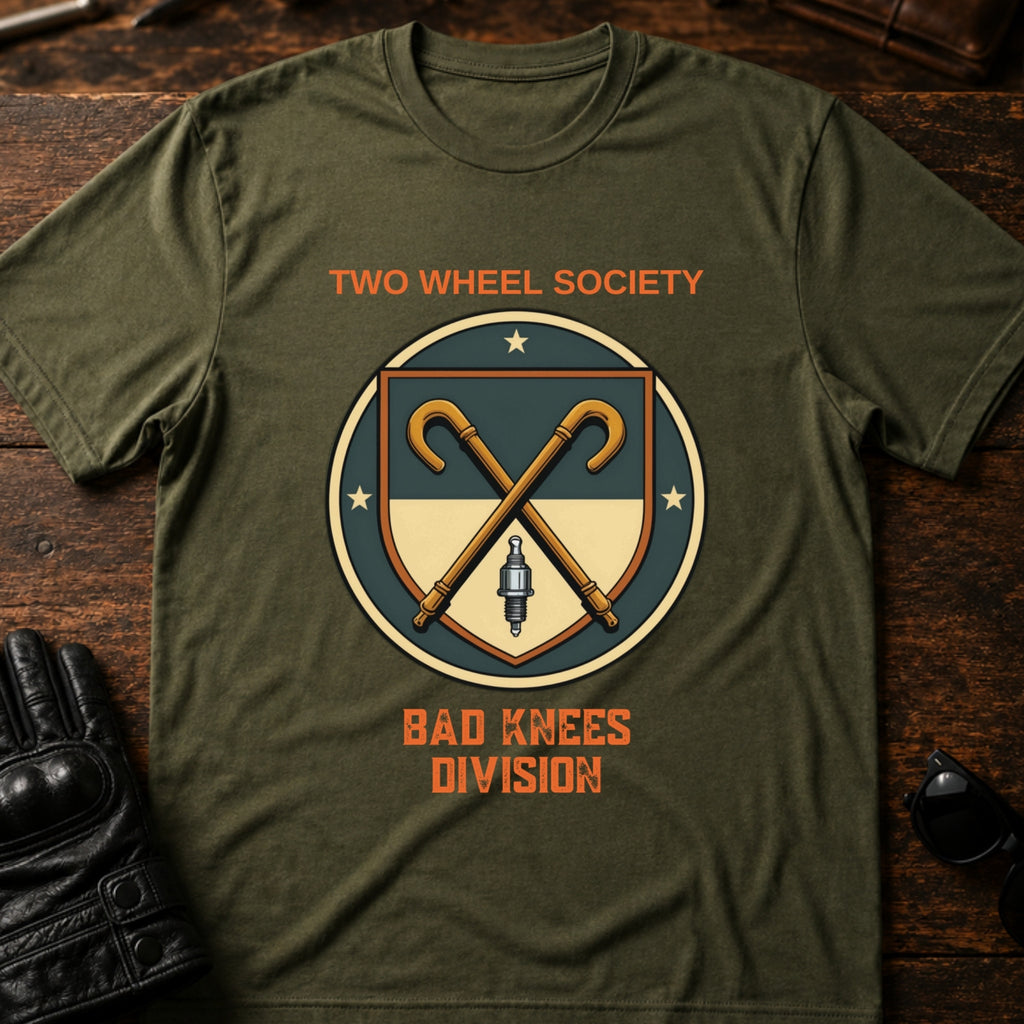 Two Wheel Society Bad Knees Division Biker T-Shirt - mockup 2 military green