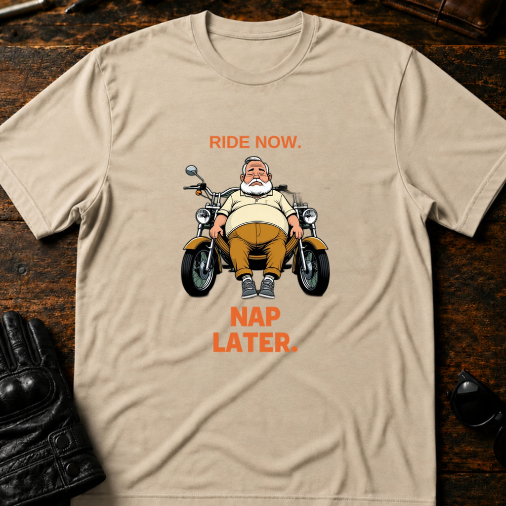 Ride Now Nap Later Grandpa Motorcycle T-Shirt - mockup 6 sand
