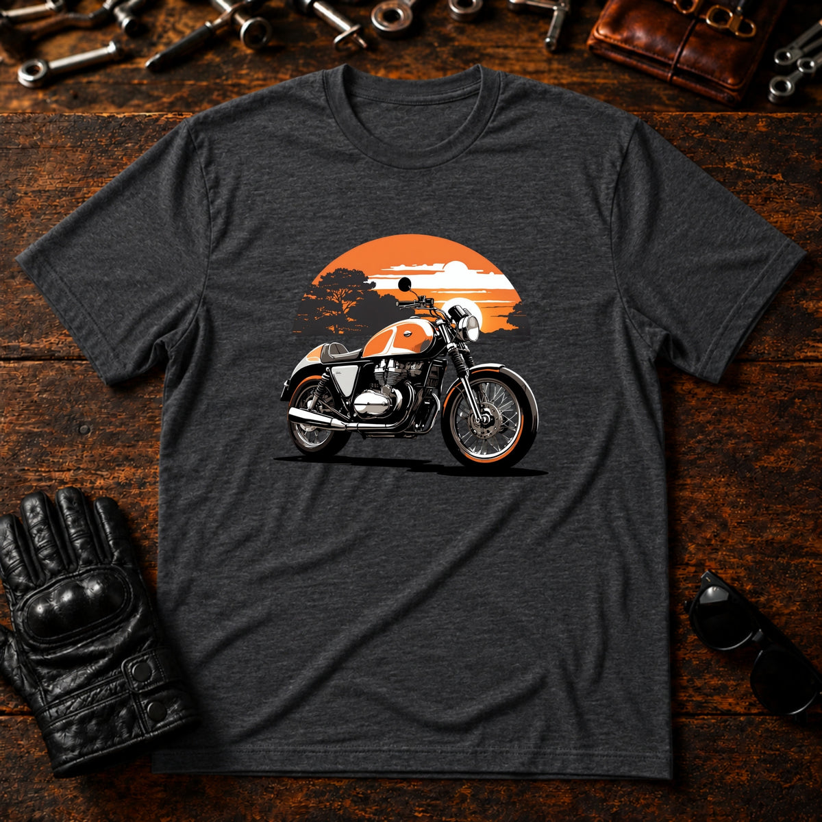 Dawn Chaser Motorcycle T-Shirt - mockup 8 dark heather