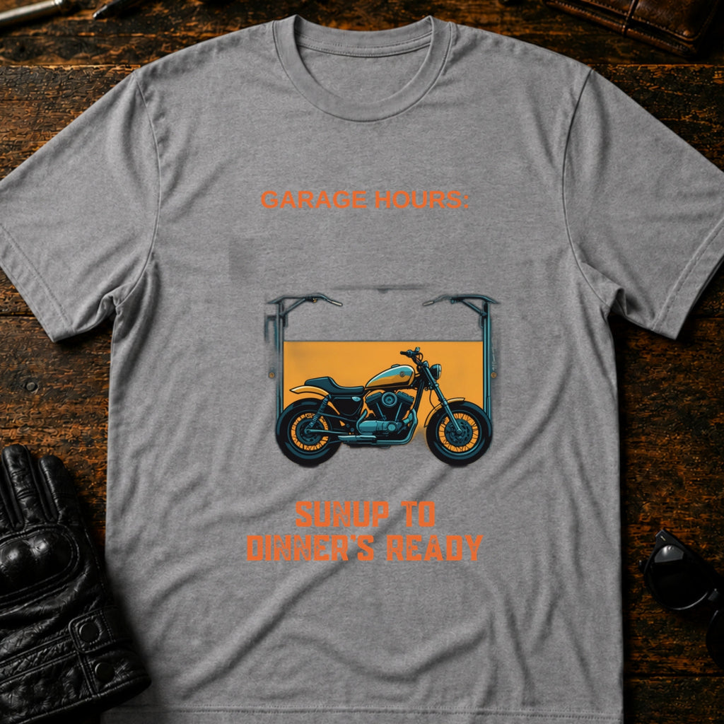 Garage Hours Sunup To Dinners Ready Biker T-Shirt - mockup 4 sport gray