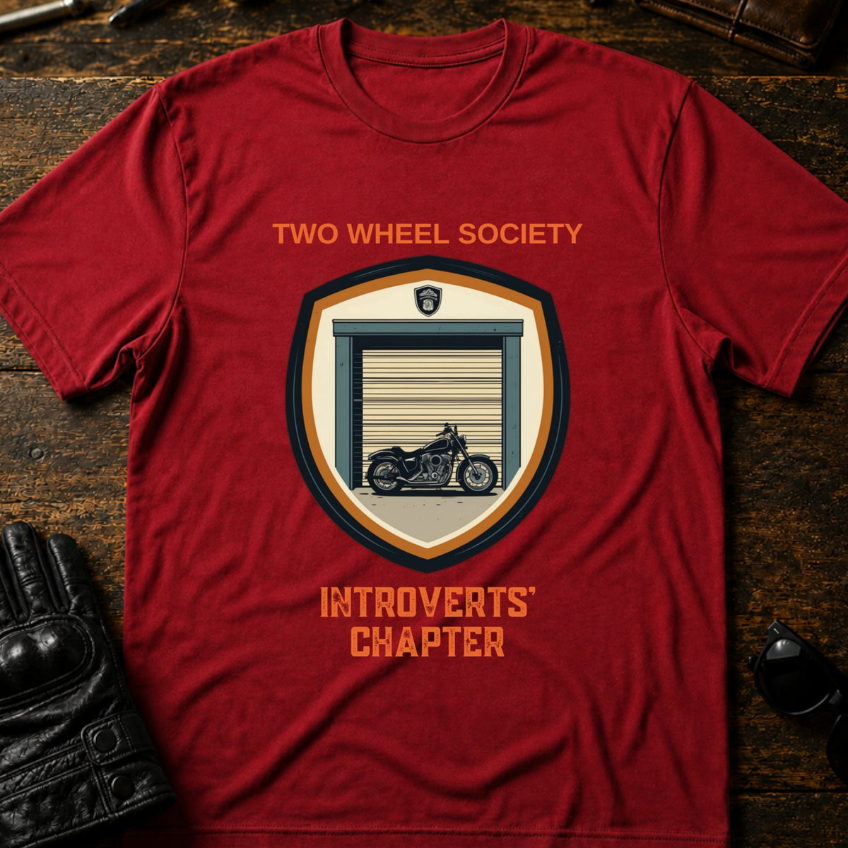 Two Wheel Society Introverts Chapter Biker T-Shirt, cardinal red