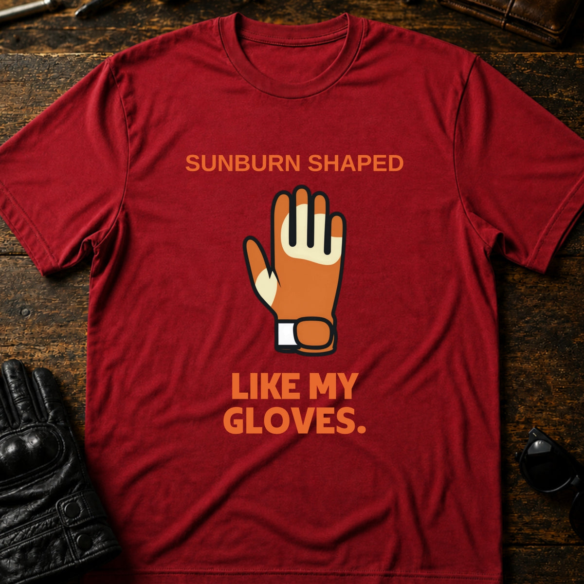 Sunburn Shaped Like My Gloves Funny Biker T-Shirt, cardinal red