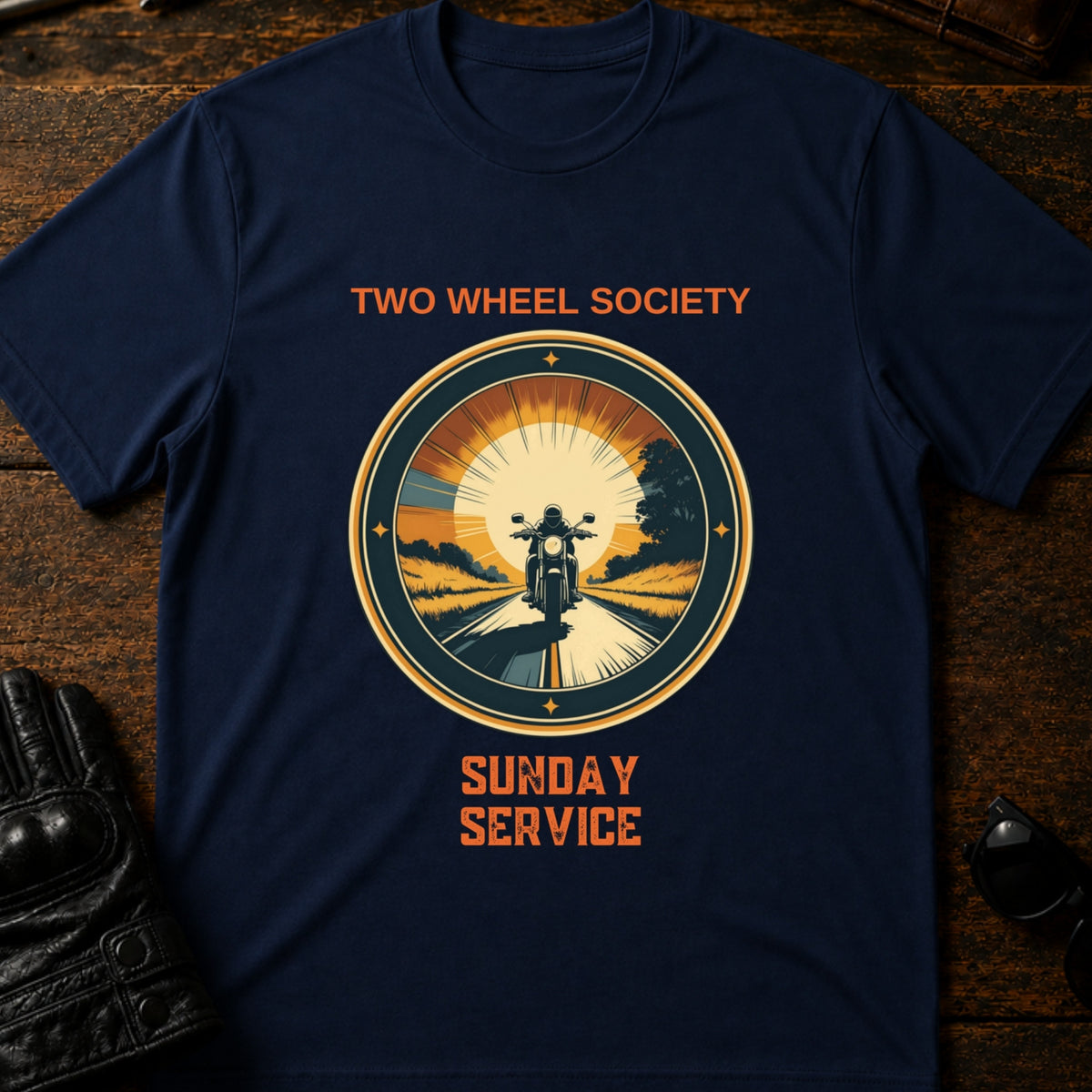 Two Wheel Society Sunday Service On The Road T-Shirt, navy