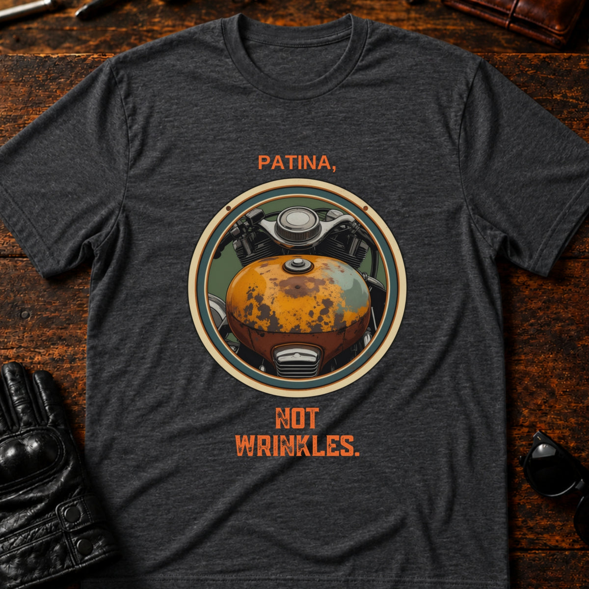 Patina Not Wrinkles Vintage Motorcycle T-Shirt, dark heather