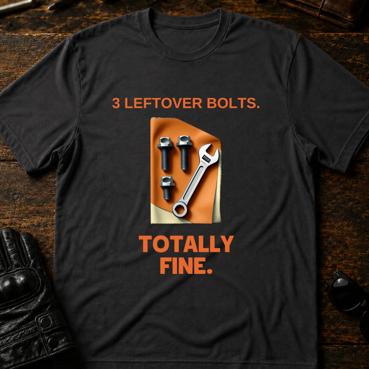 Three Leftover Bolts Totally Fine Mechanic Biker T-Shirt, charcoal