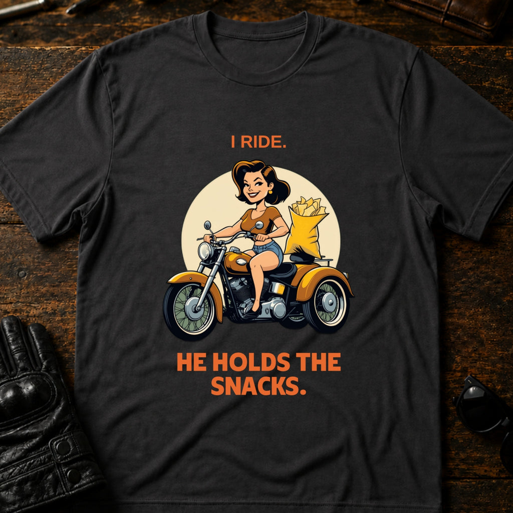 I Ride He Holds The Snacks Women Biker T-Shirt - mockup 3 charcoal