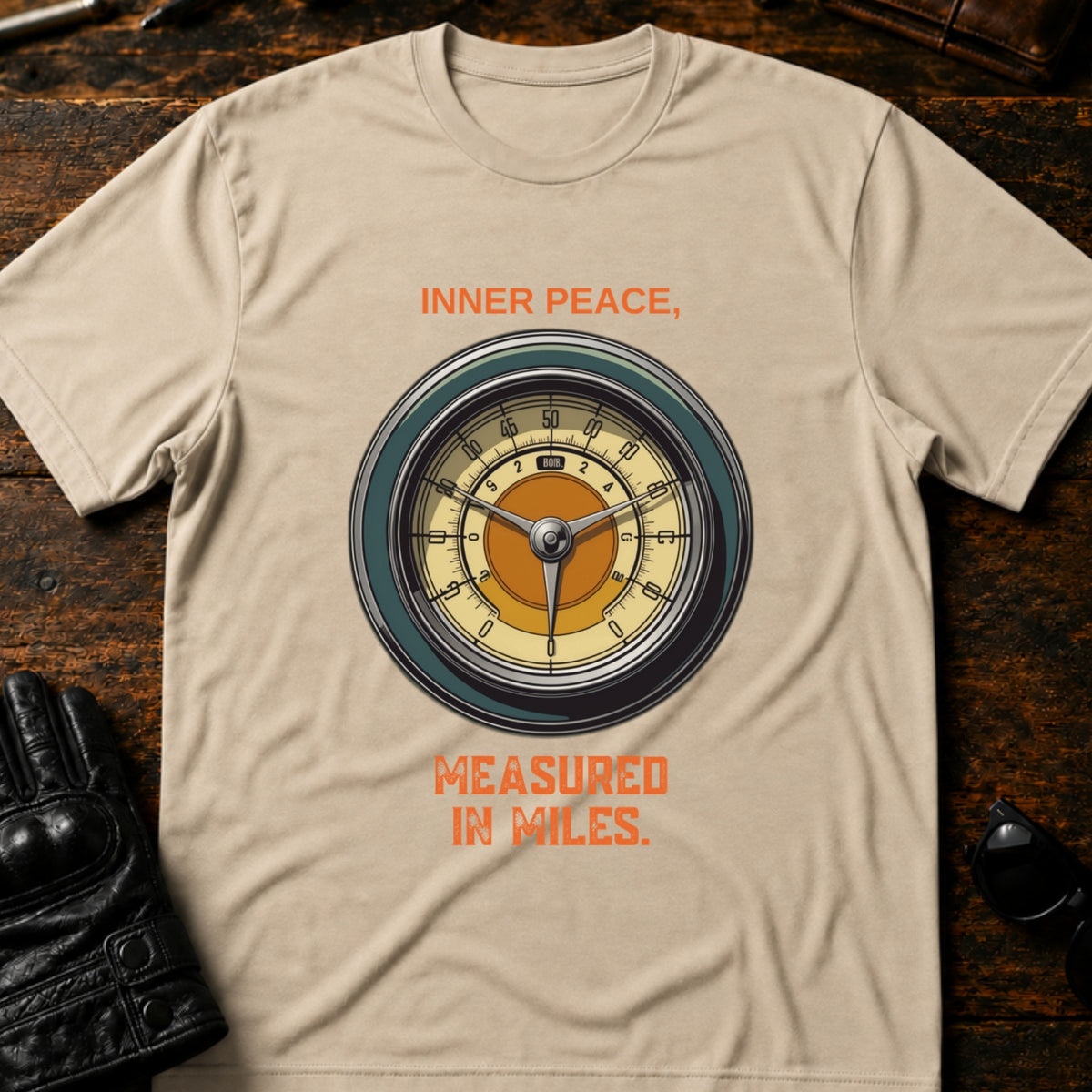 Inner Peace Measured In Miles Motorcycle T-Shirt, sand
