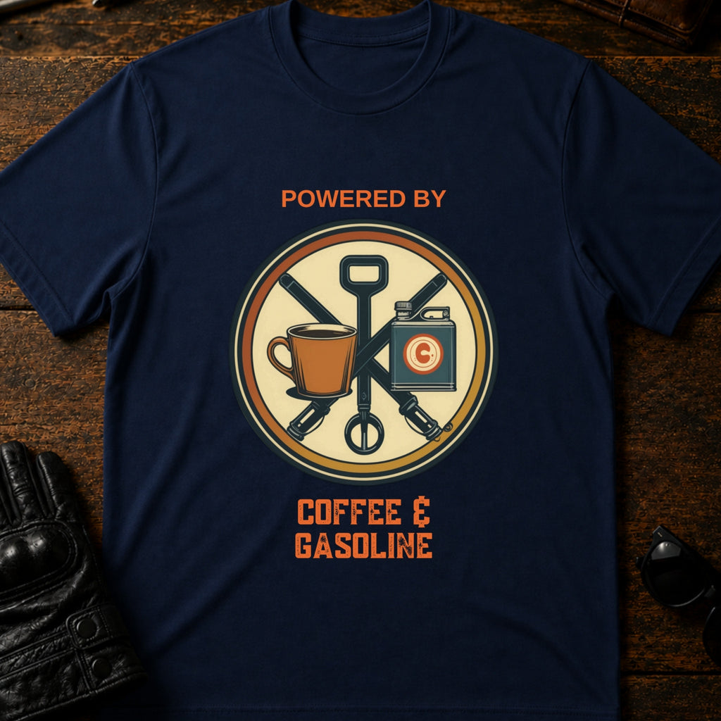 Powered By Coffee And Gasoline Two Wheel Society T-Shirt - mockup 5 navy