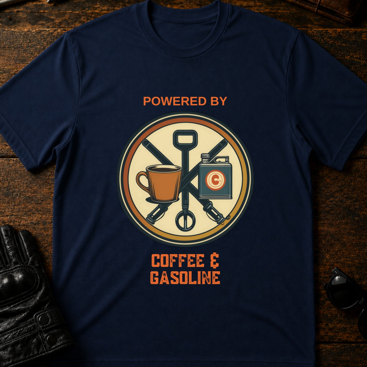 Powered By Coffee And Gasoline Two Wheel Society T-Shirt, navy