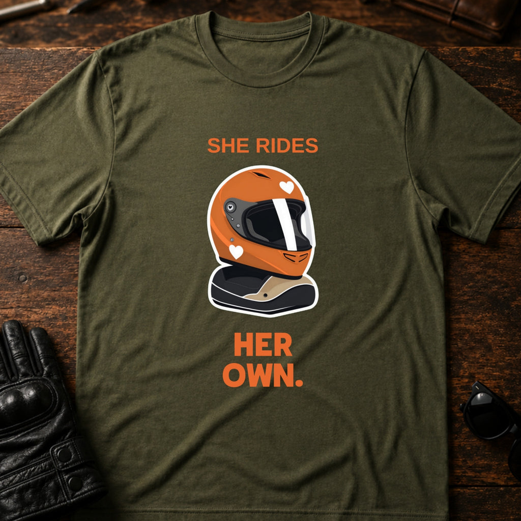 She Rides Her Own Women Motorcycle T-Shirt - mockup 2 military green
