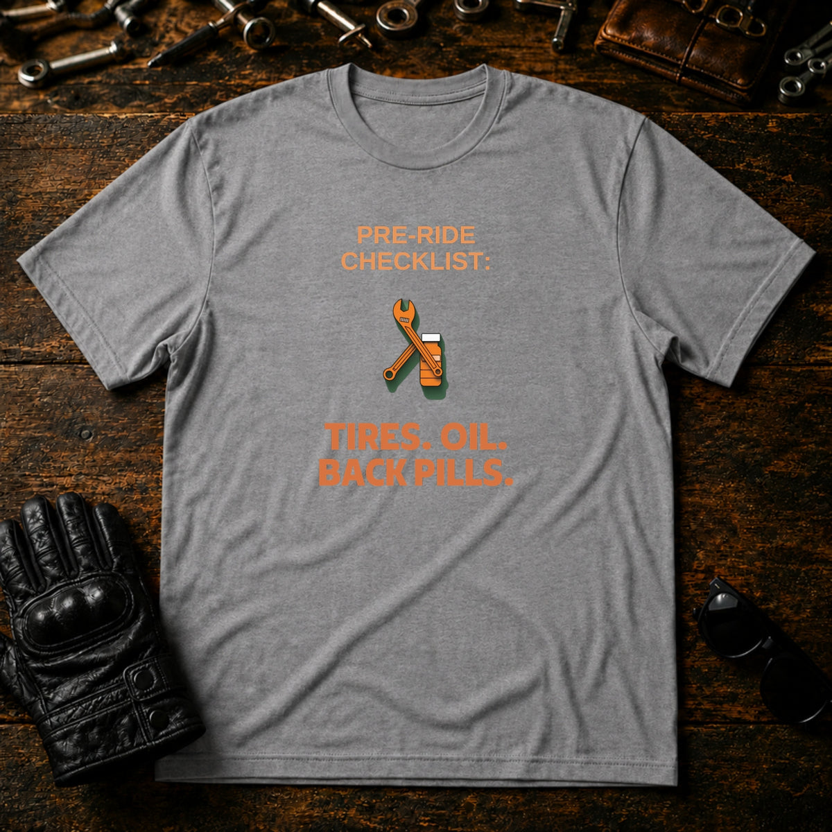 Pre-Ride Checklist Back Pills T-Shirt - mockup 4 sport gray