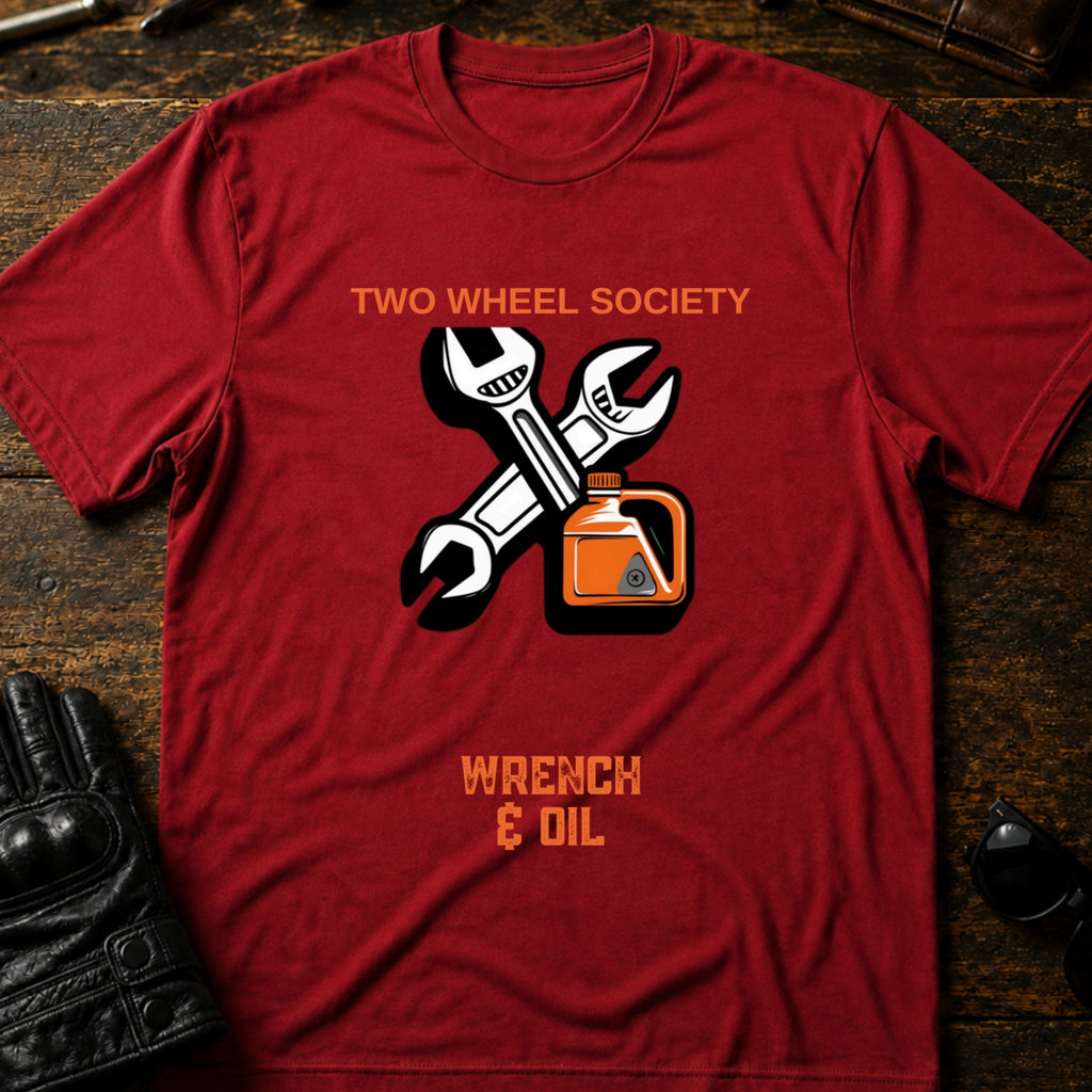 Wrench and Oil Emblem T-Shirt - mockup 7 cardinal red